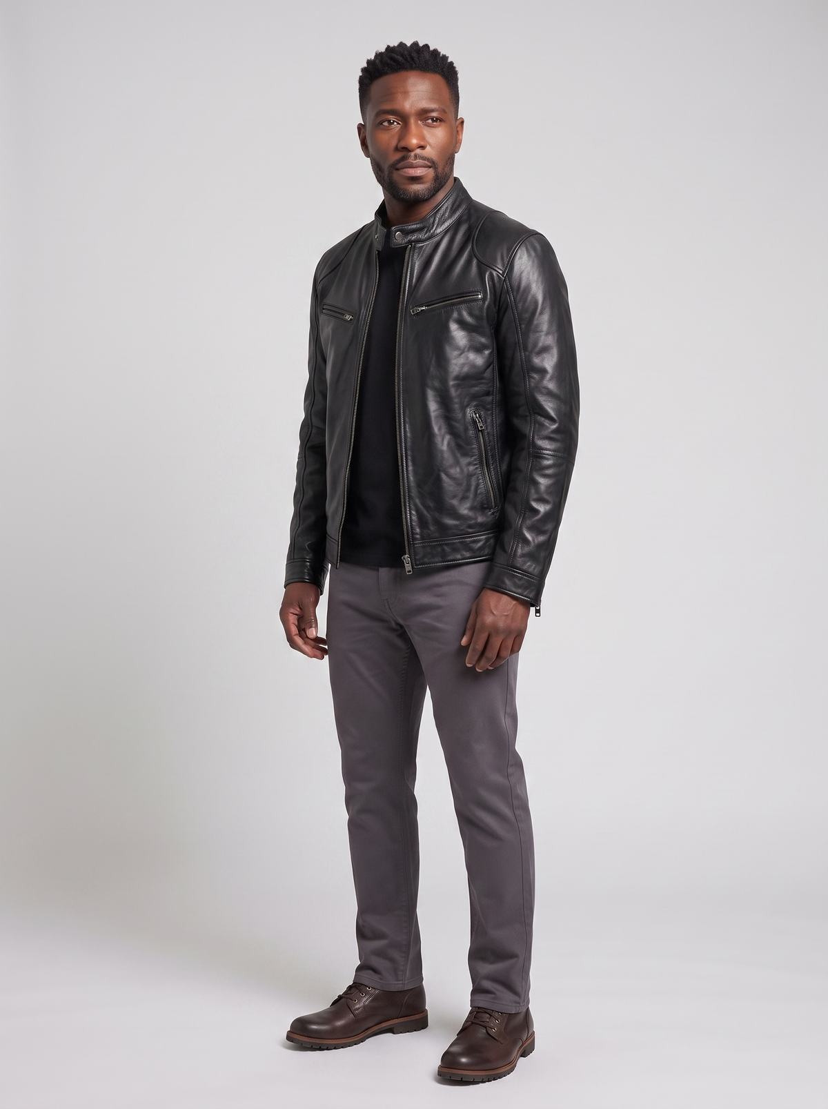 Men's Premium Leather Biker Jacket, side three-quarter view, studio photo