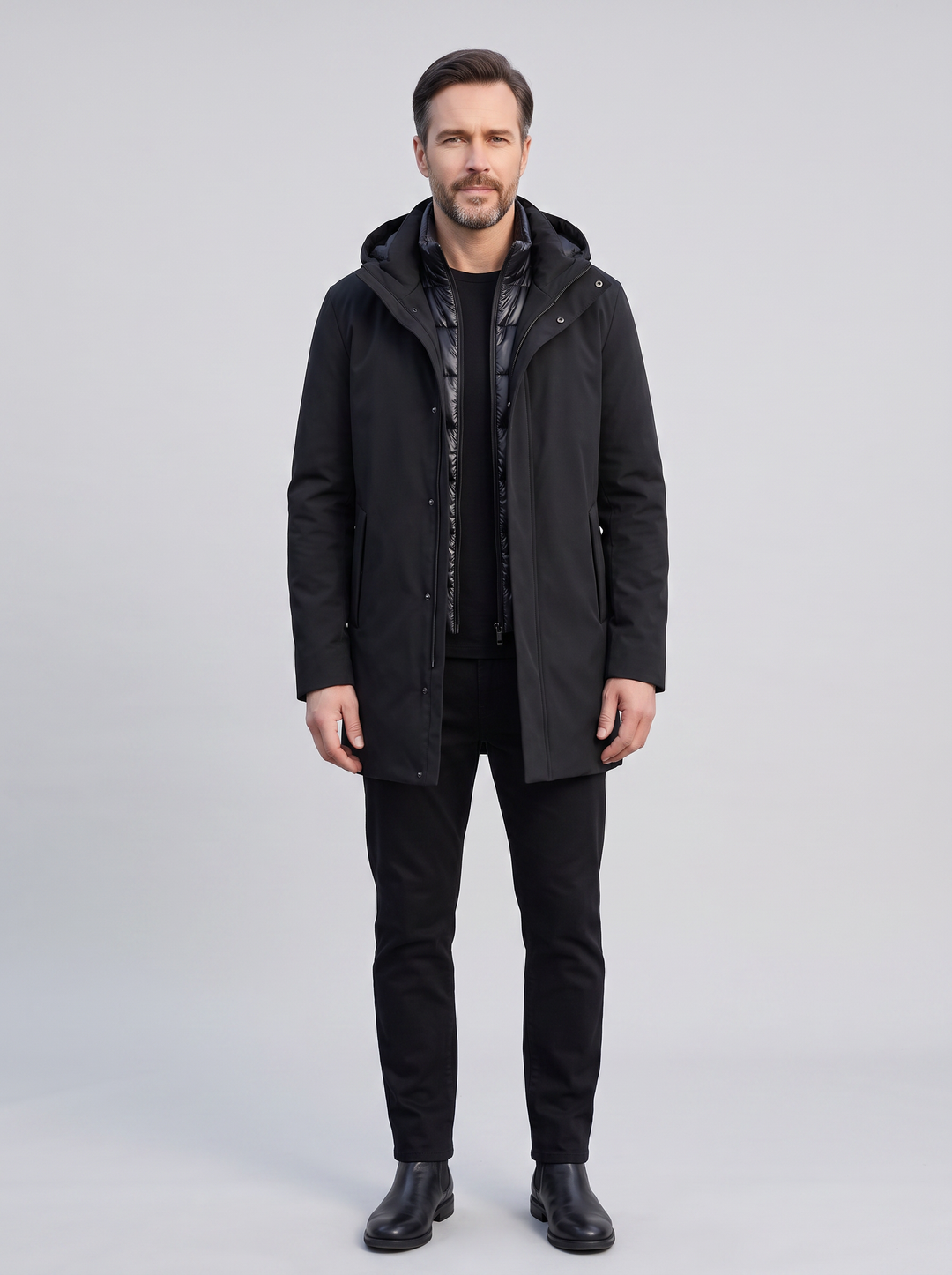 Men's Premium Winter Coat II, worn by a model, full-length studio photo