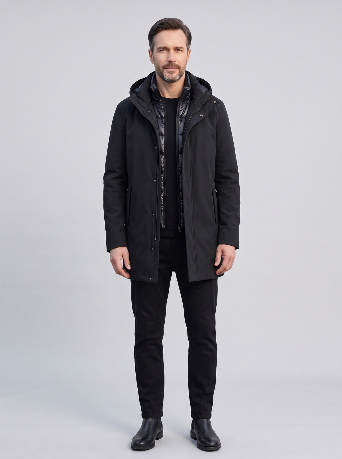 Men's Premium Winter Coat II, worn by a model, full-length studio photo