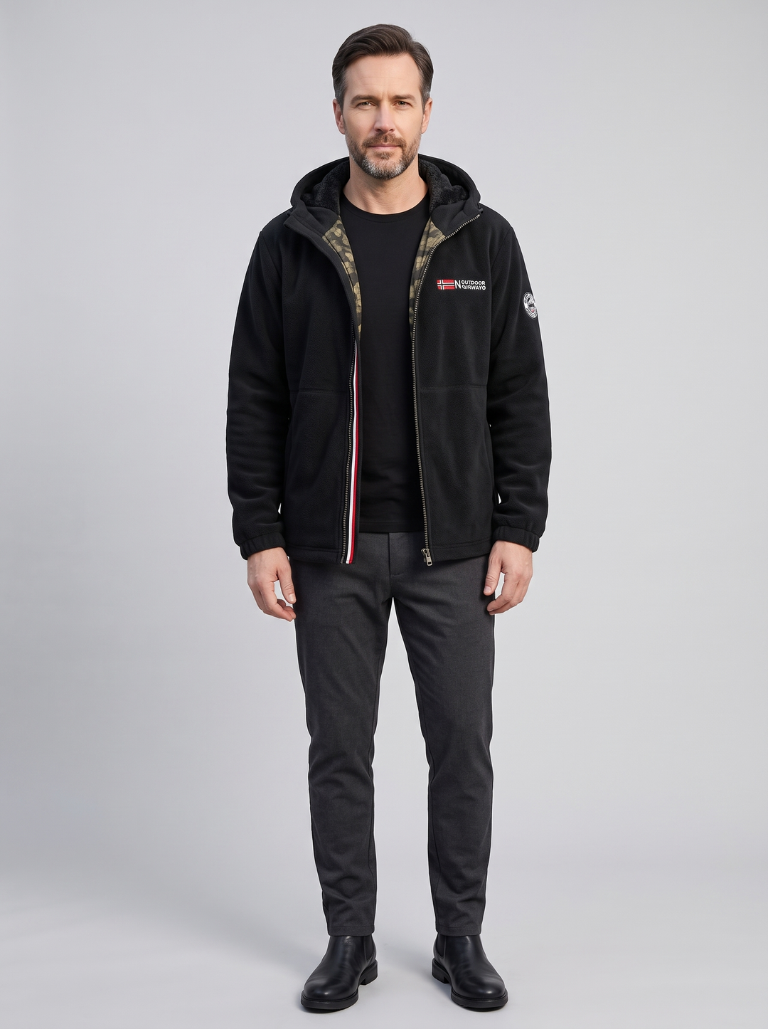 Men's Chic Thermal Fleece Jacket, worn by a model, full-length studio photo