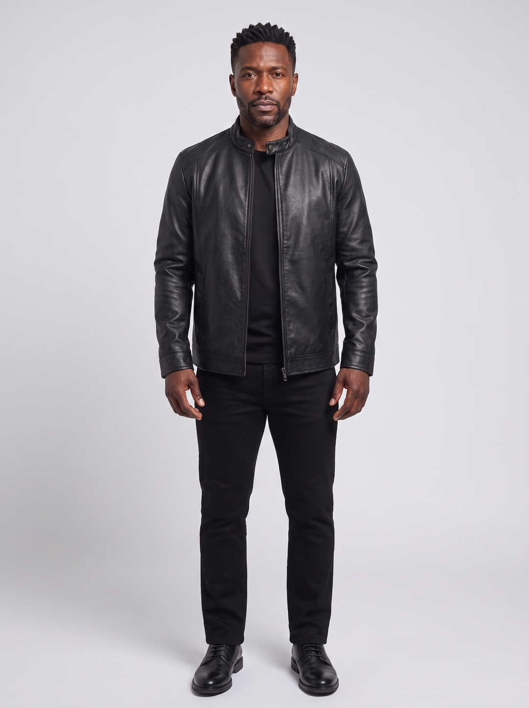Men's Timeless Leather Biker Jacket, worn by a model, full-length studio photo