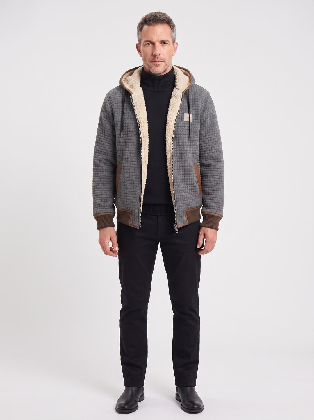 Men's Fleece-Lined Winter Jacket, worn by a model, full-length studio photo
