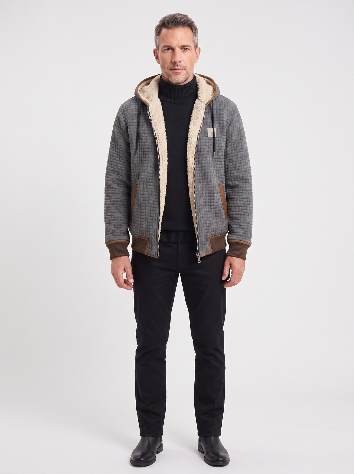 Men's Fleece-Lined Winter Jacket, worn by a model, full-length studio photo