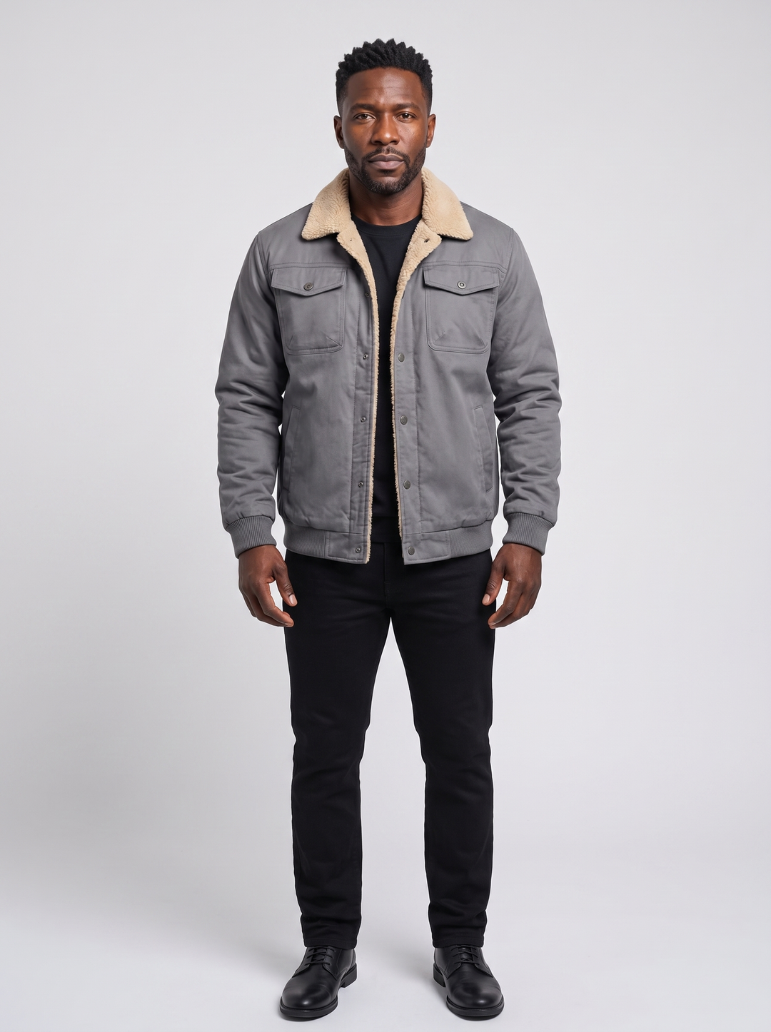 Ugo Men's Stylish Bomber Jacket, worn by a model, full-length studio photo