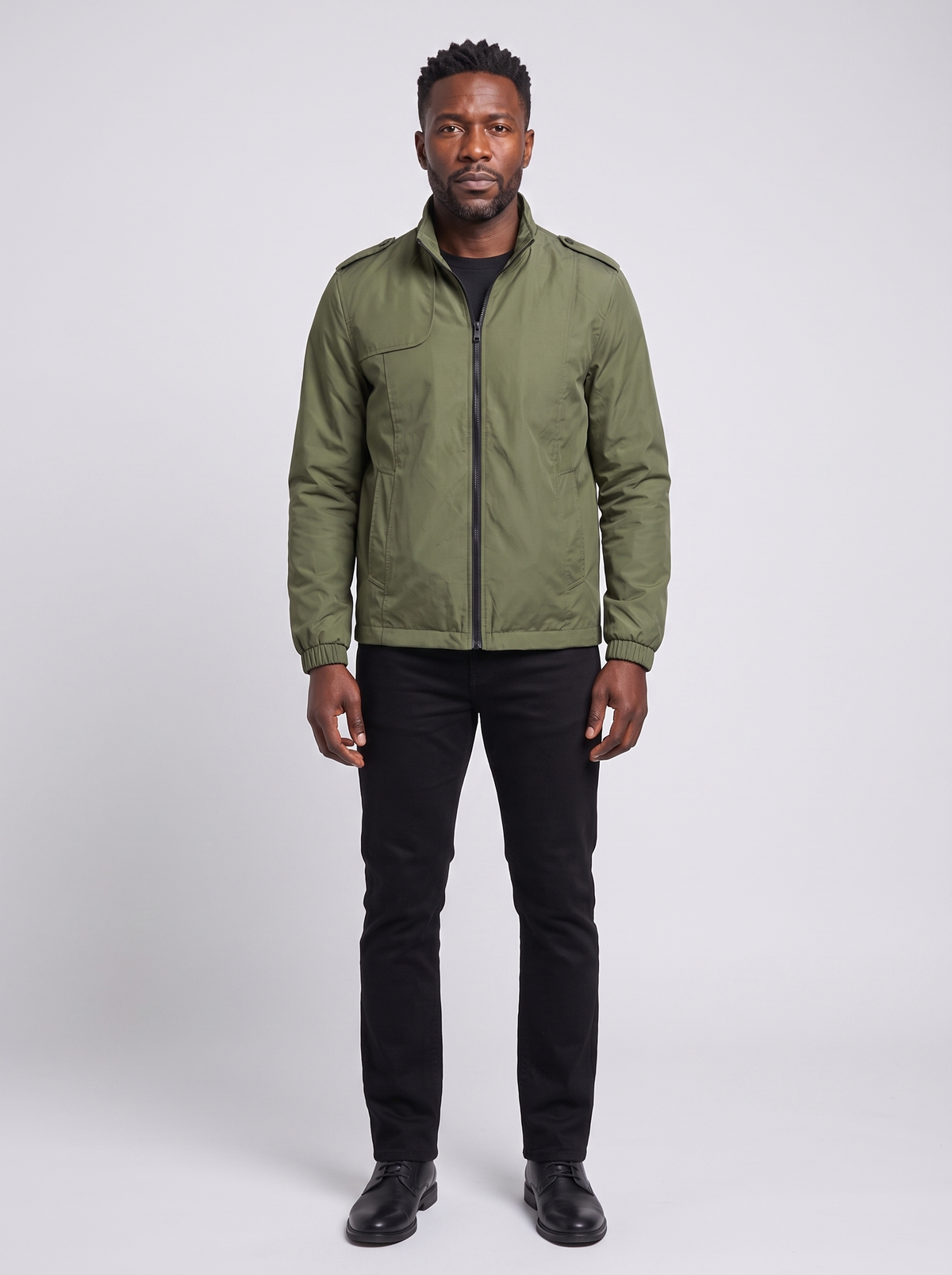 Men's Bomber Jacket, worn by a model, full-length studio photo