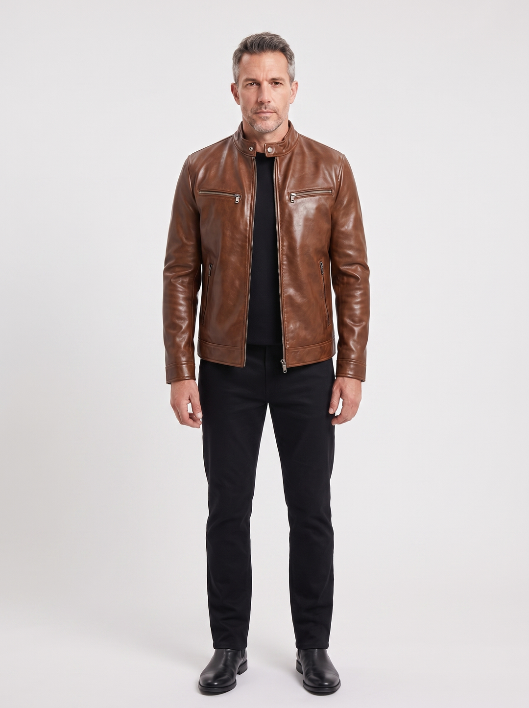 Men's Classic Leather Jacket, worn by a model, full-length studio photo