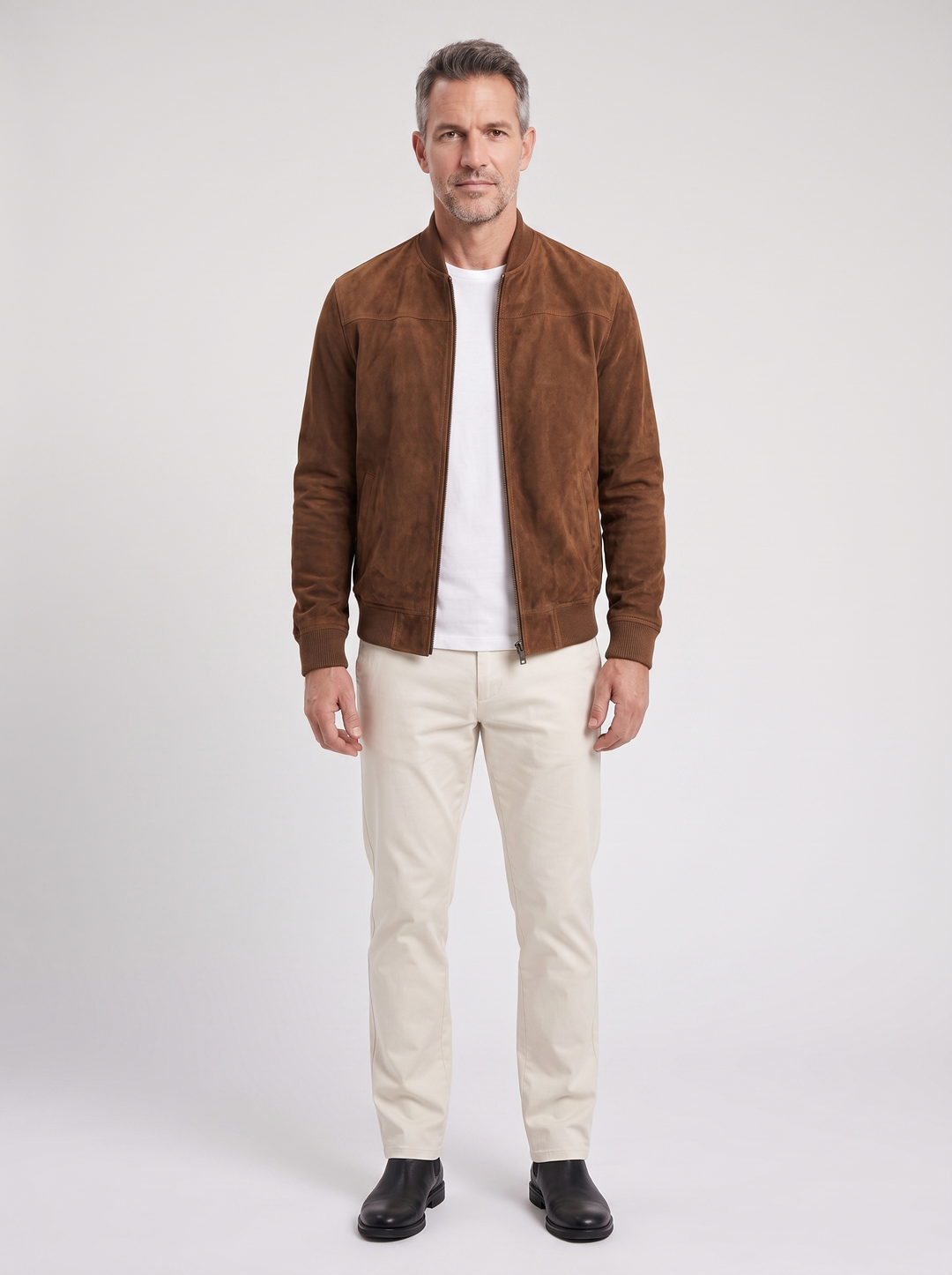 Men's Chic Suede Jacket, worn by a model, full-length studio photo