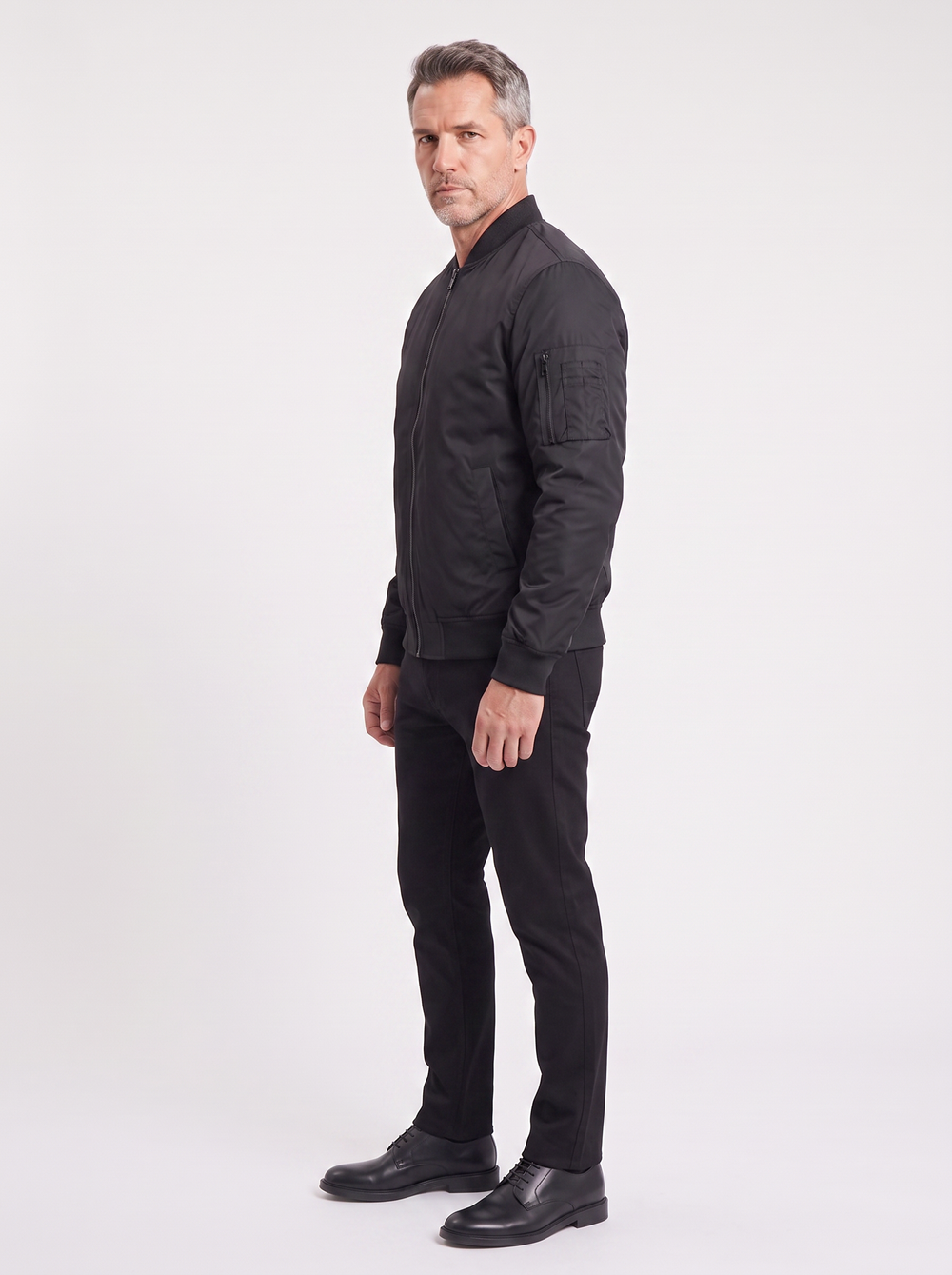 Men's Classic Bomber Jacket, side three-quarter view, studio photo