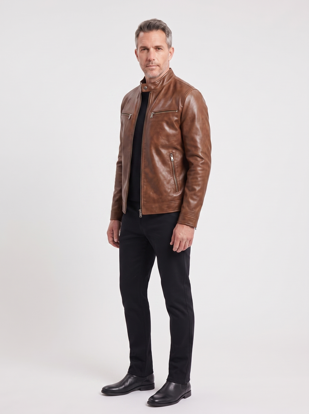 Men's Classic Leather Jacket, side three-quarter view, studio photo