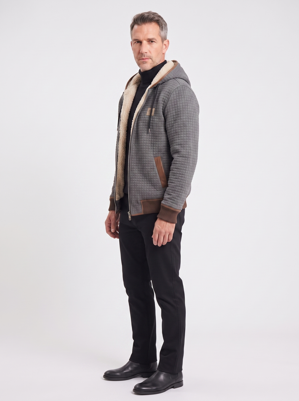 Men's Fleece-Lined Winter Jacket, side three-quarter view, studio photo