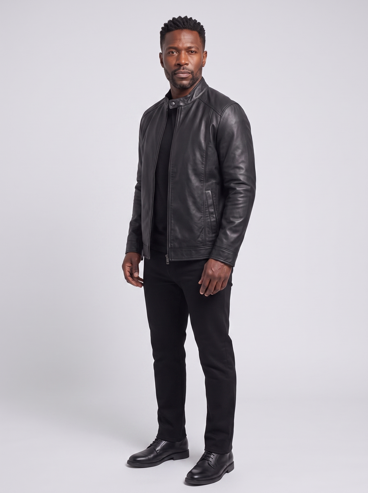 Men's Timeless Leather Biker Jacket, side three-quarter view, studio photo