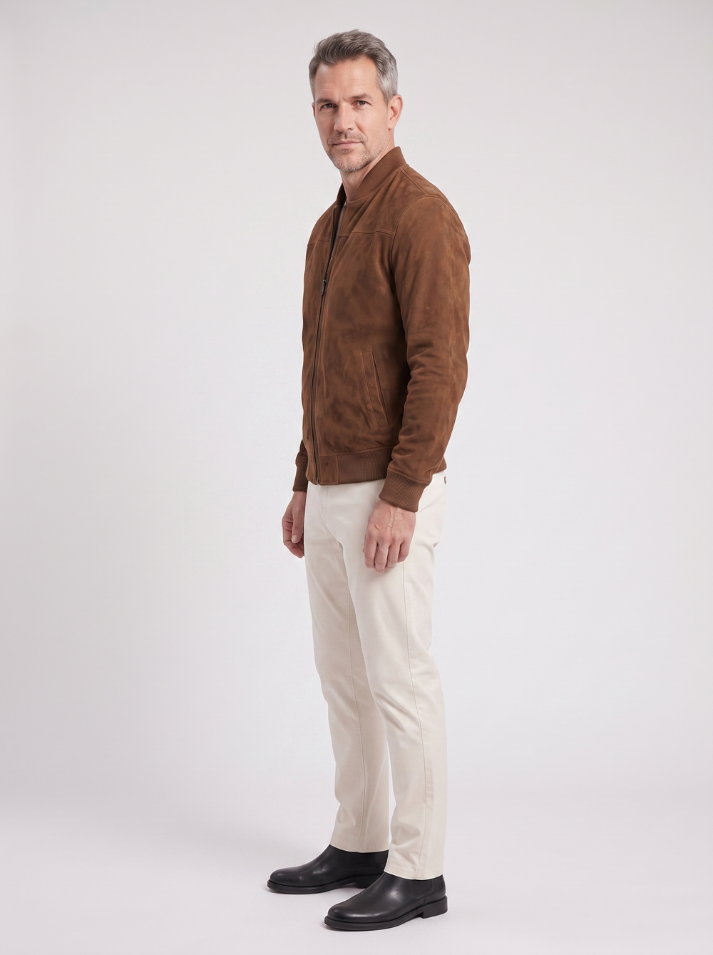 Men's Chic Suede Jacket, side three-quarter view, studio photo
