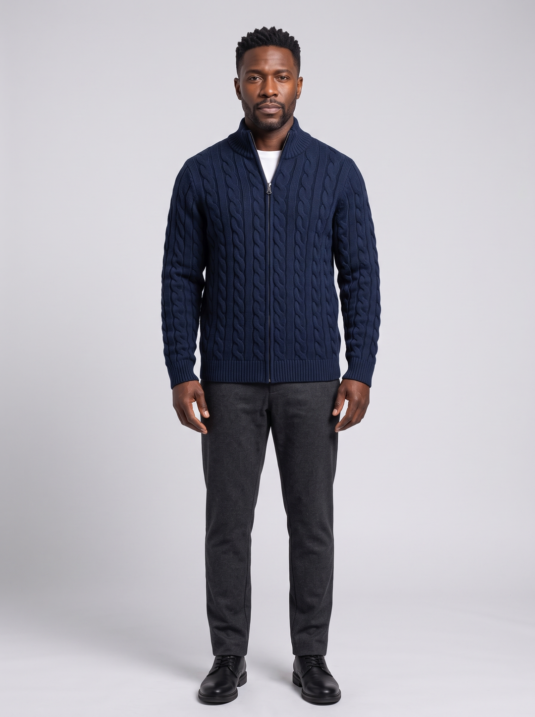 TAEBAEK Men's Zip-Up Cable Knit Sweater, worn by a model, full-length studio photo