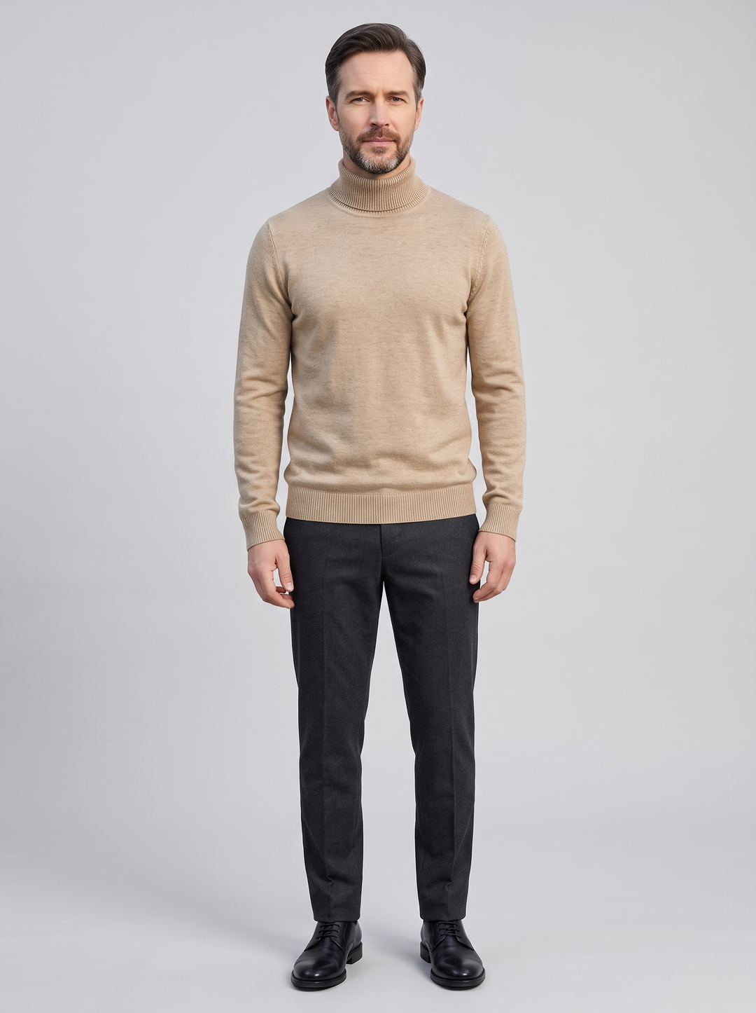 JANGSAN Men's Merino Wool Turtleneck Sweater, worn by a model, full-length studio photo