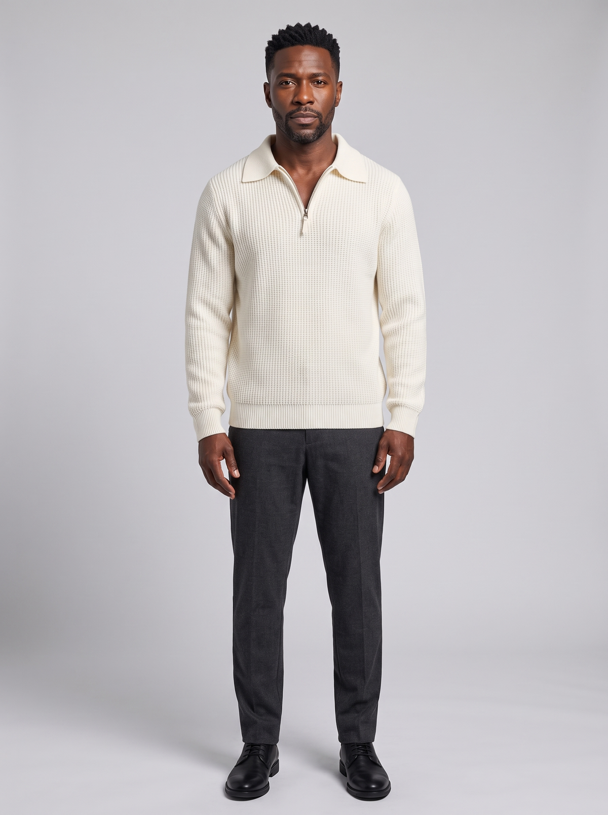 GONGJU Men's Zip-Up Knit Sweater, worn by a model, full-length studio photo