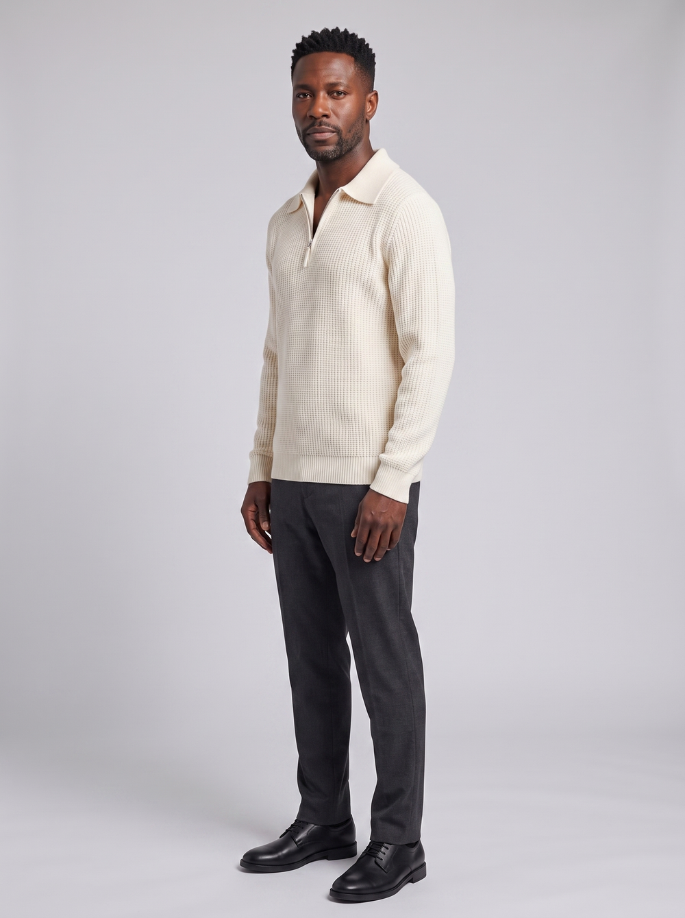 GONGJU Men's Zip-Up Knit Sweater, side three-quarter view, studio photo