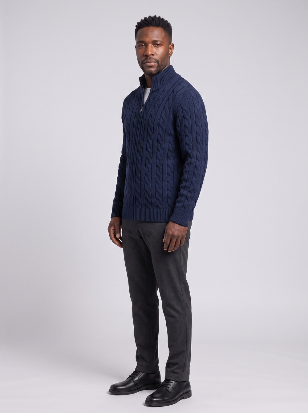 TAEBAEK Men's Zip-Up Cable Knit Sweater, side three-quarter view, studio photo
