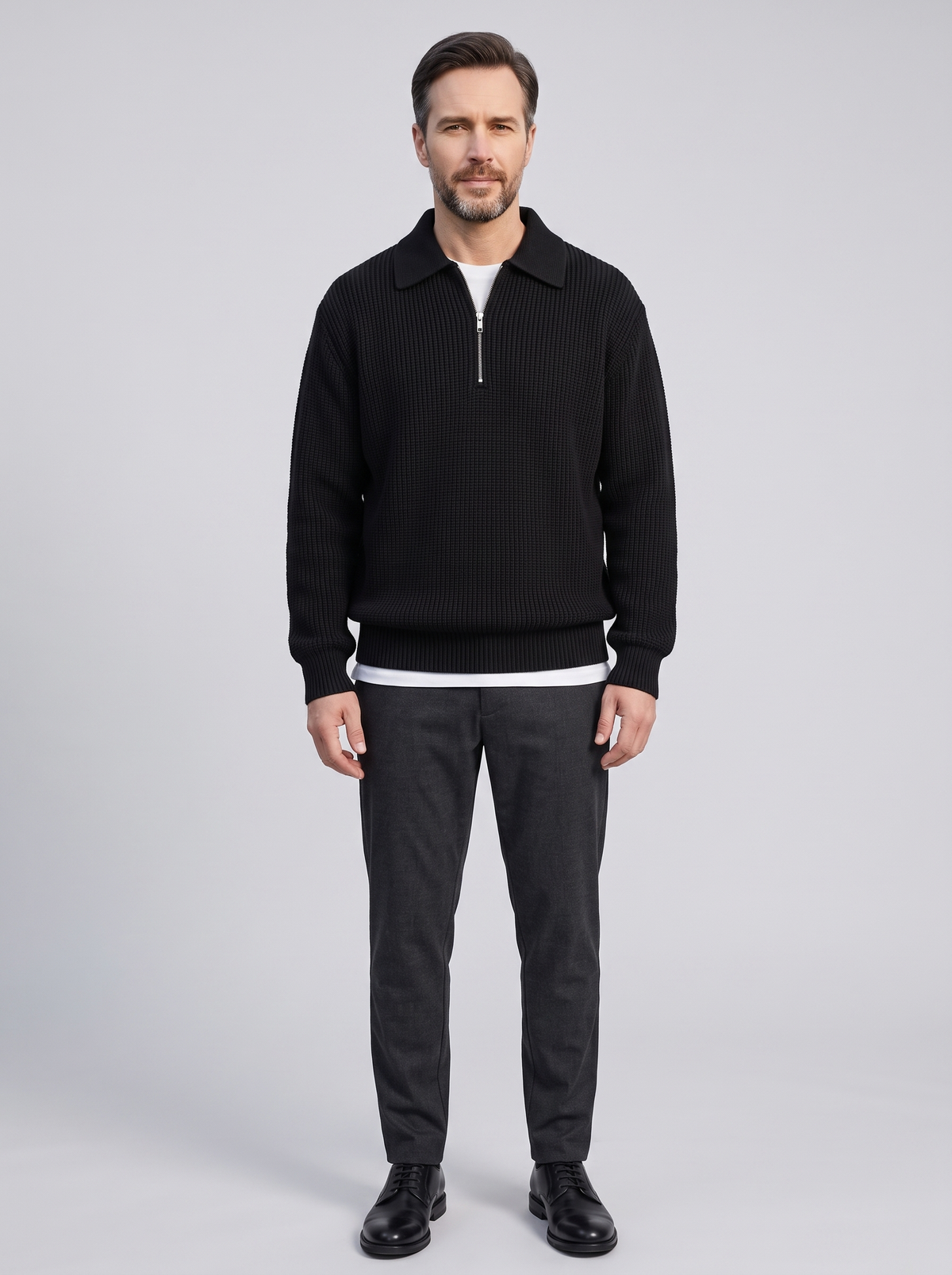 RASON Men's Zip-Up Knit Sweater, worn by a model, full-length studio photo