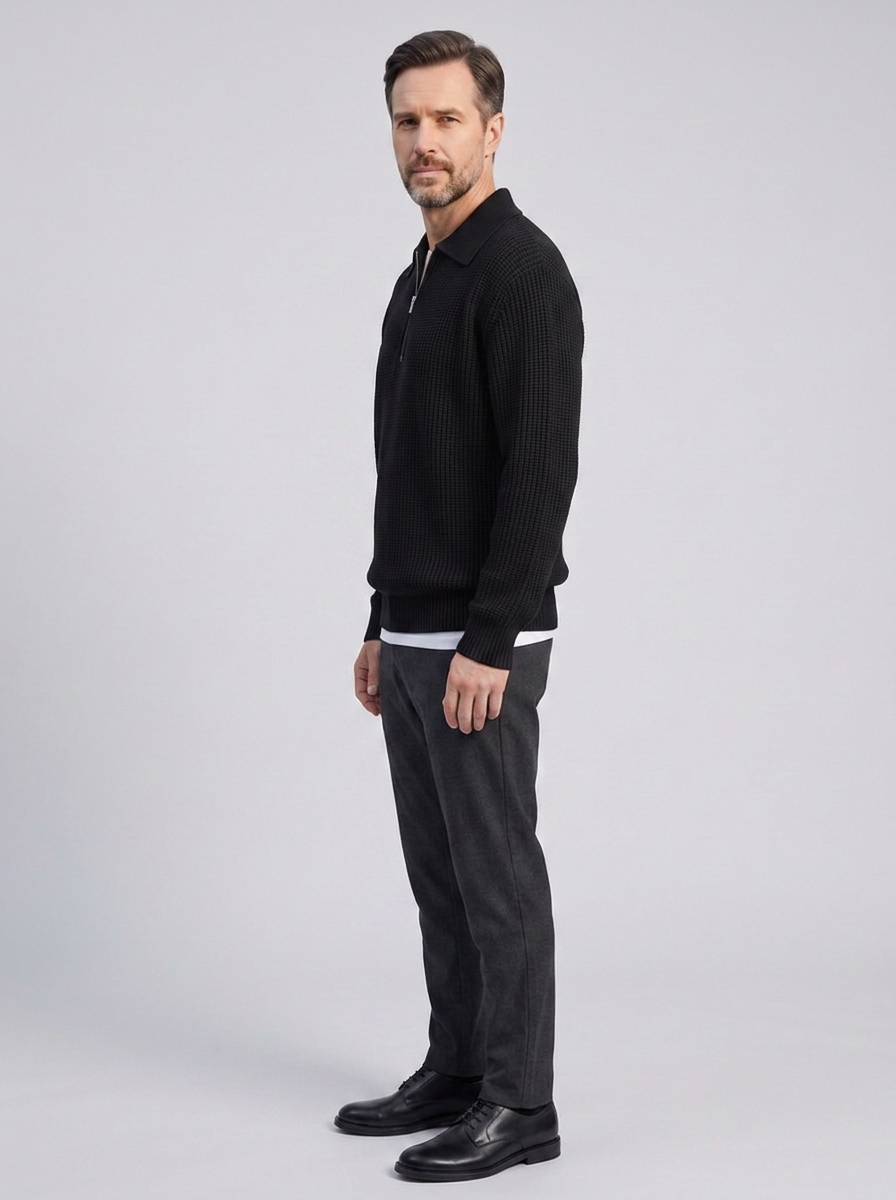 RASON Men's Zip-Up Knit Sweater, side three-quarter view, studio photo