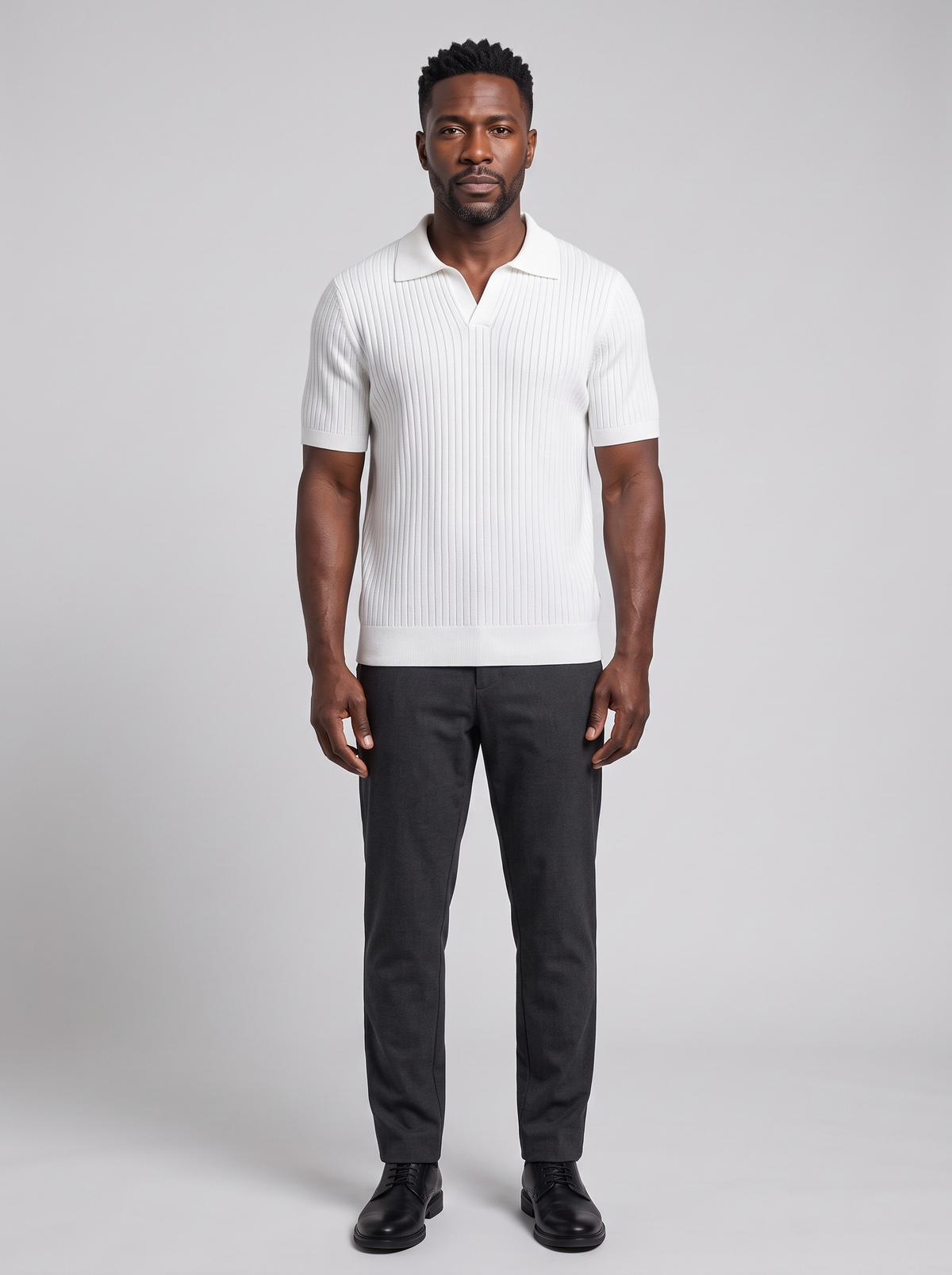 CHUNCHEON Men's Relaxed Fit Polo Sweater, worn by a model, full-length studio photo
