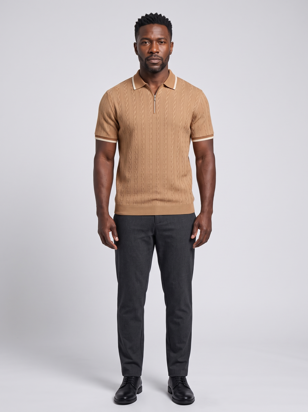 TAORMINA Men's Zip-Up Knitted Polo, worn by a model, full-length studio photo