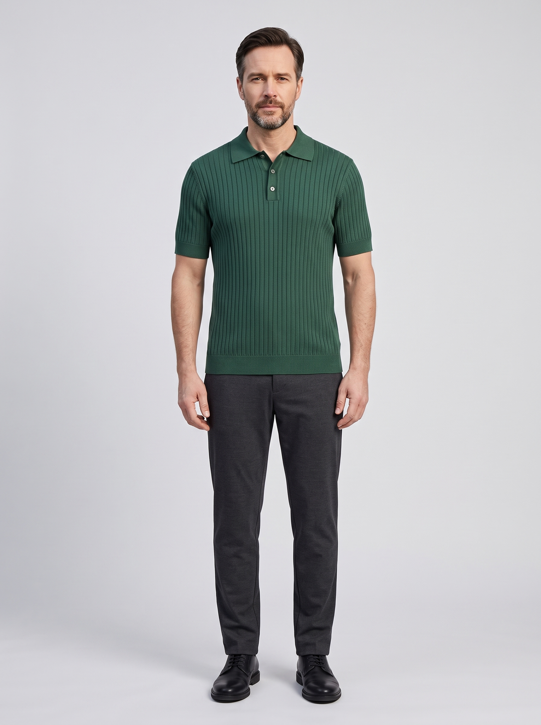 GIMCHEON Men's Knit Polo Sweater, worn by a model, full-length studio photo