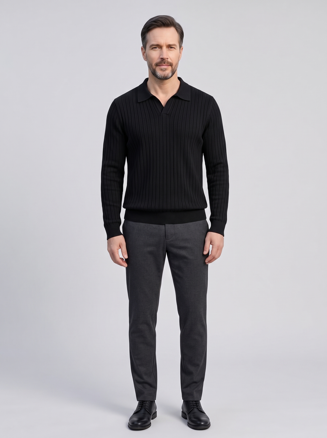 SUWON Men's V-Neck Polo Sweater, worn by a model, full-length studio photo