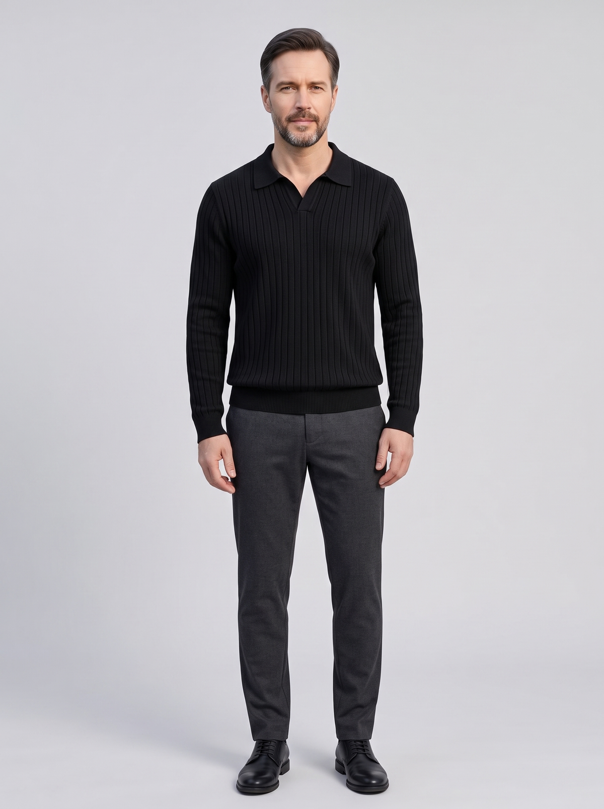SUWON Men's V-Neck Polo Sweater, worn by a model, full-length studio photo