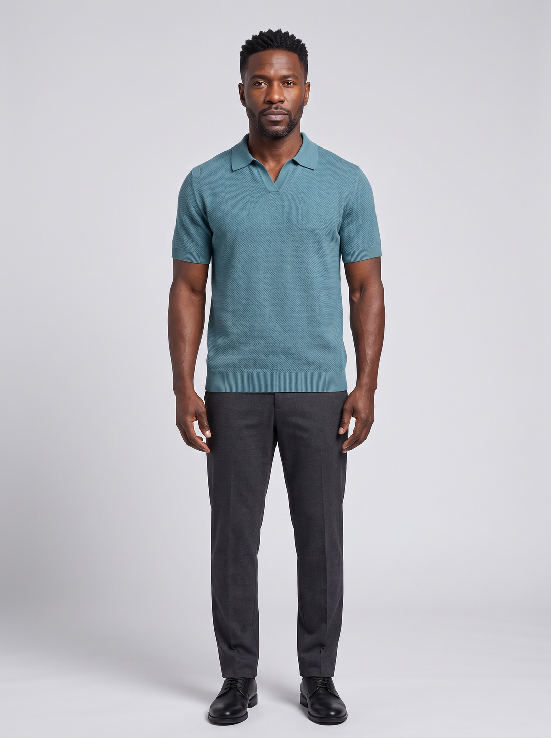 CAPRI Men's V-Neck Polo Sweater, worn by a model, full-length studio photo