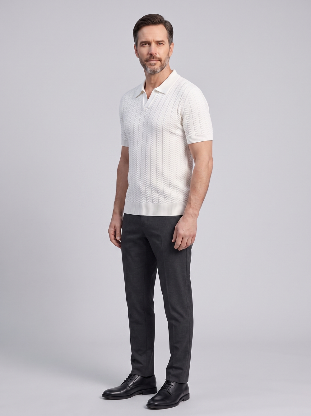 ASCOT Men's Knitted Polo Sweater, side three-quarter view, studio photo
