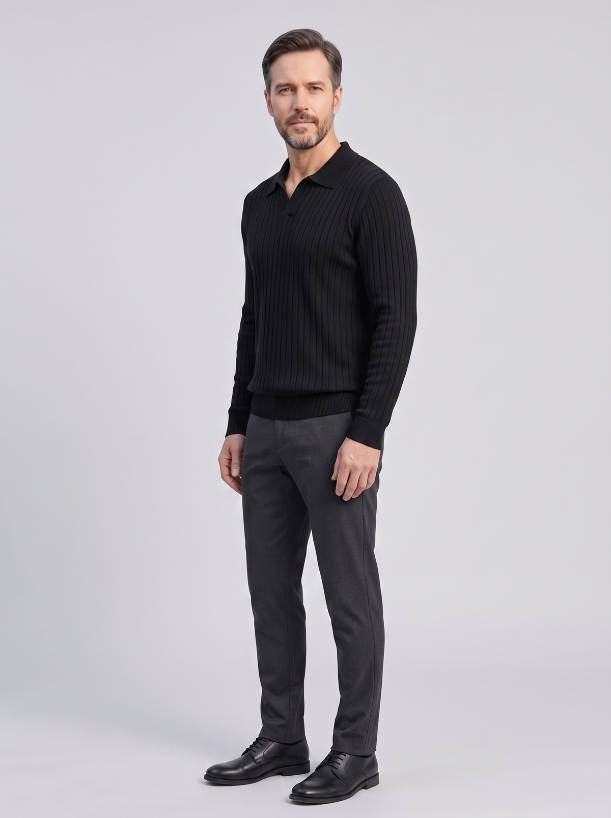 SUWON Men's V-Neck Polo Sweater, side three-quarter view, studio photo