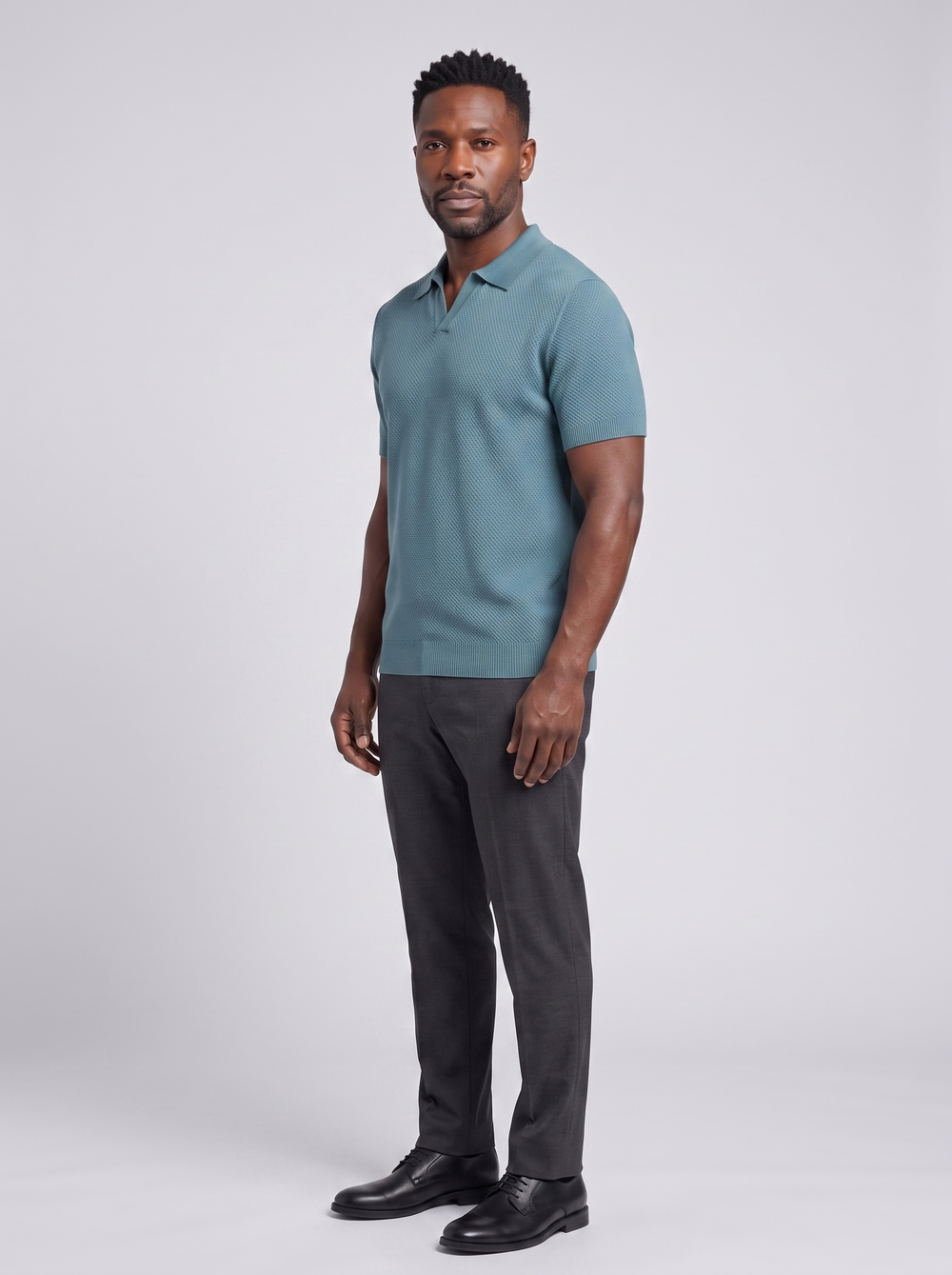 CAPRI Men's V-Neck Polo Sweater, side three-quarter view, studio photo