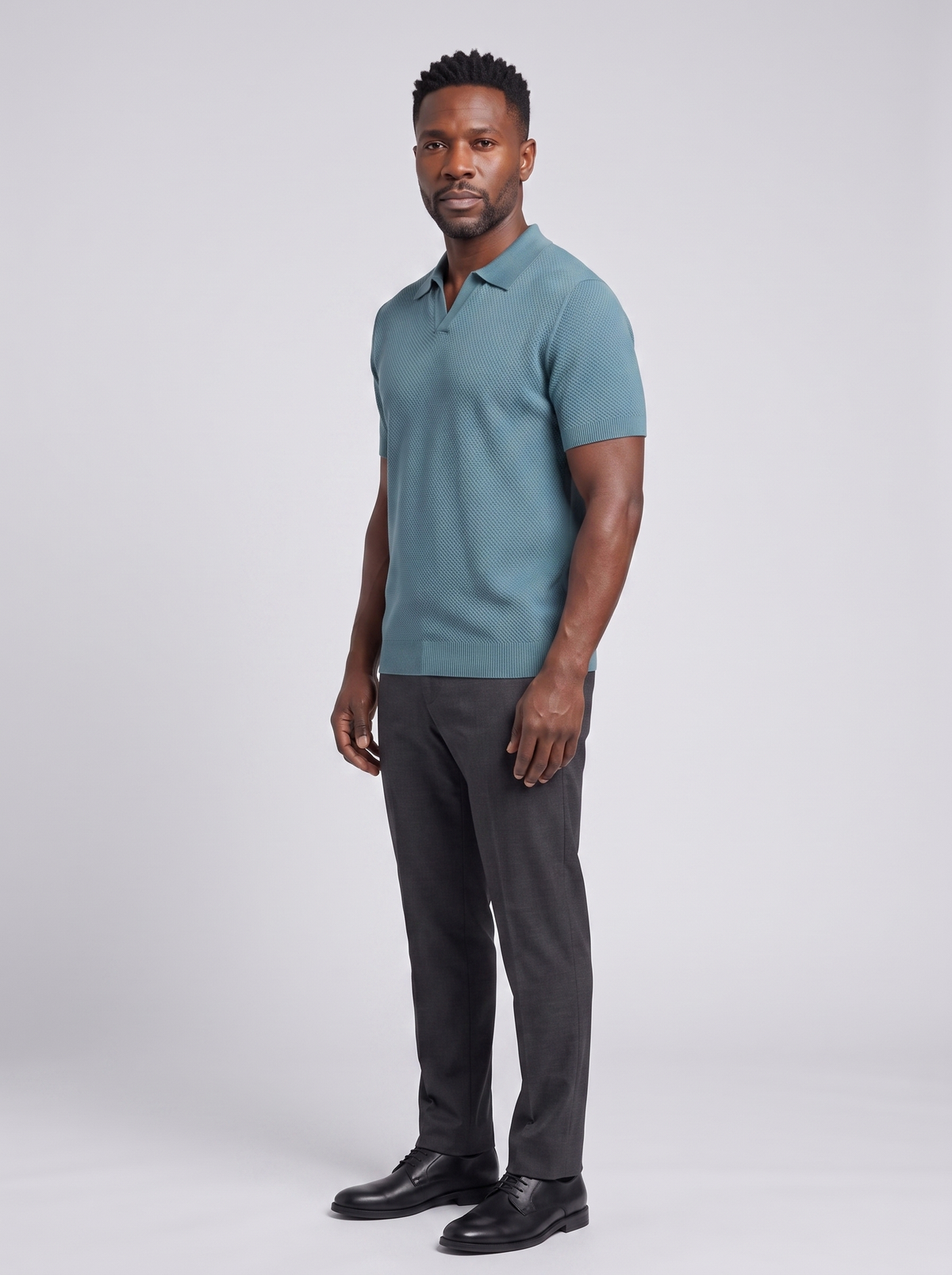 CAPRI Men's V-Neck Polo Sweater, side three-quarter view, studio photo