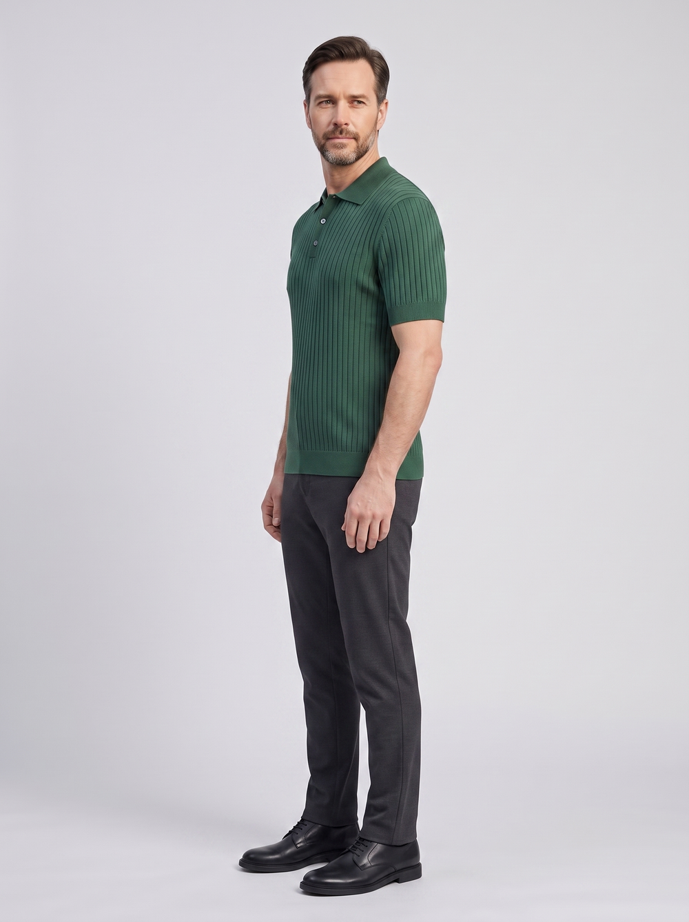 GIMCHEON Men's Knit Polo Sweater, side three-quarter view, studio photo