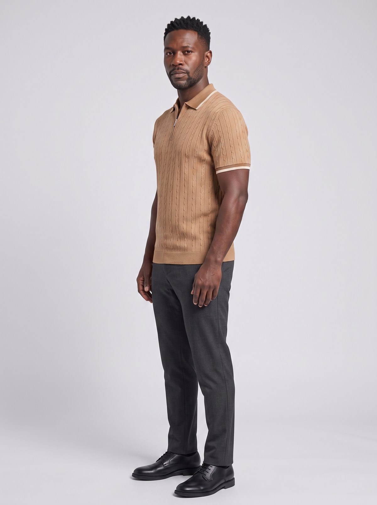 TAORMINA Men's Zip-Up Knitted Polo, side three-quarter view, studio photo
