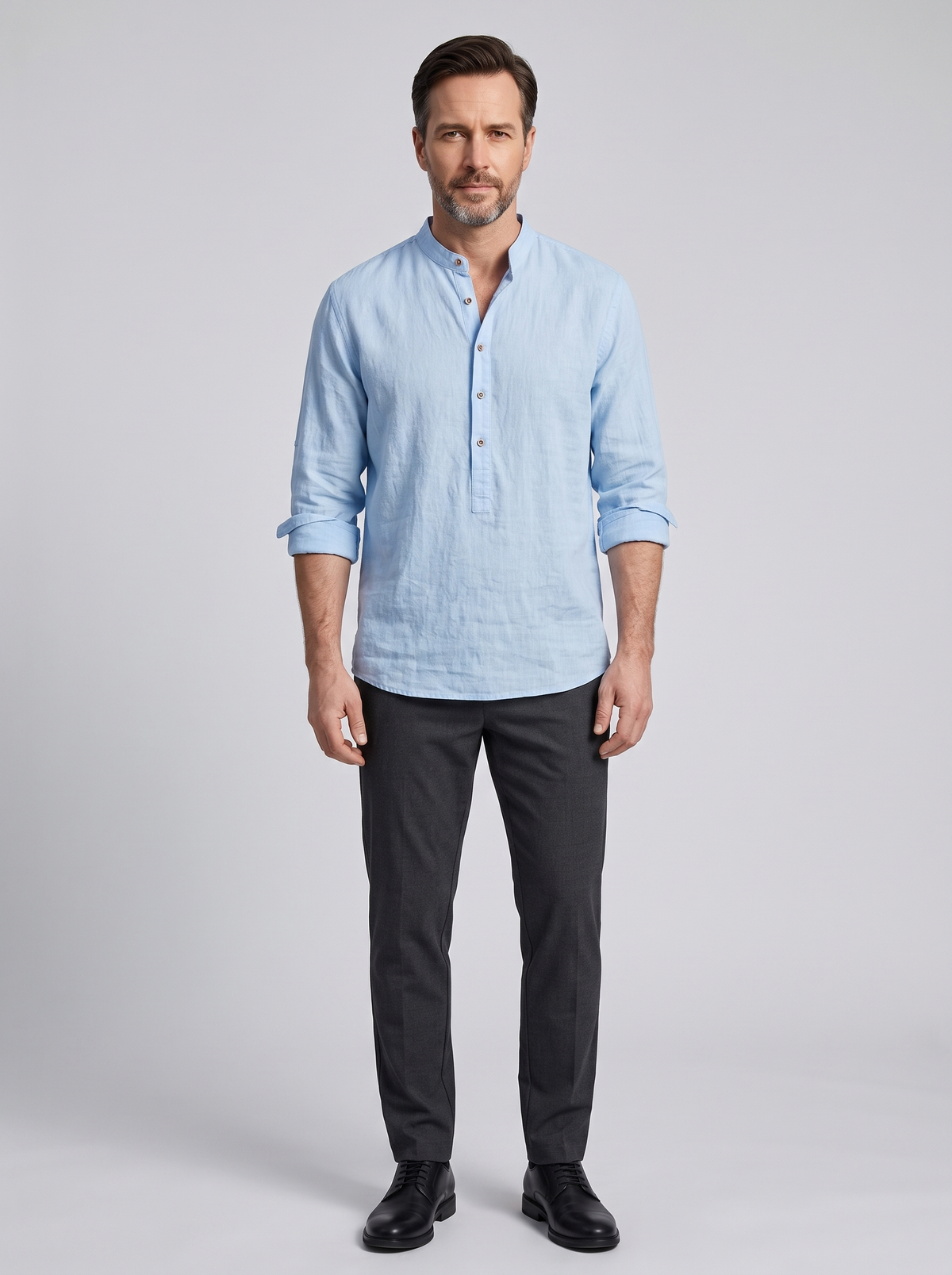 Men's Stylish Autumn Shirt, worn by a model, full-length studio photo
