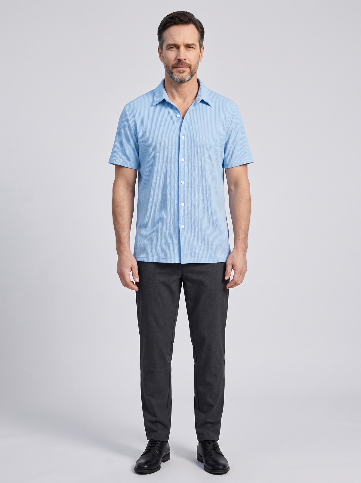 PORTO CERVO Men's Textured Autumn Shirt, worn by a model, full-length studio photo