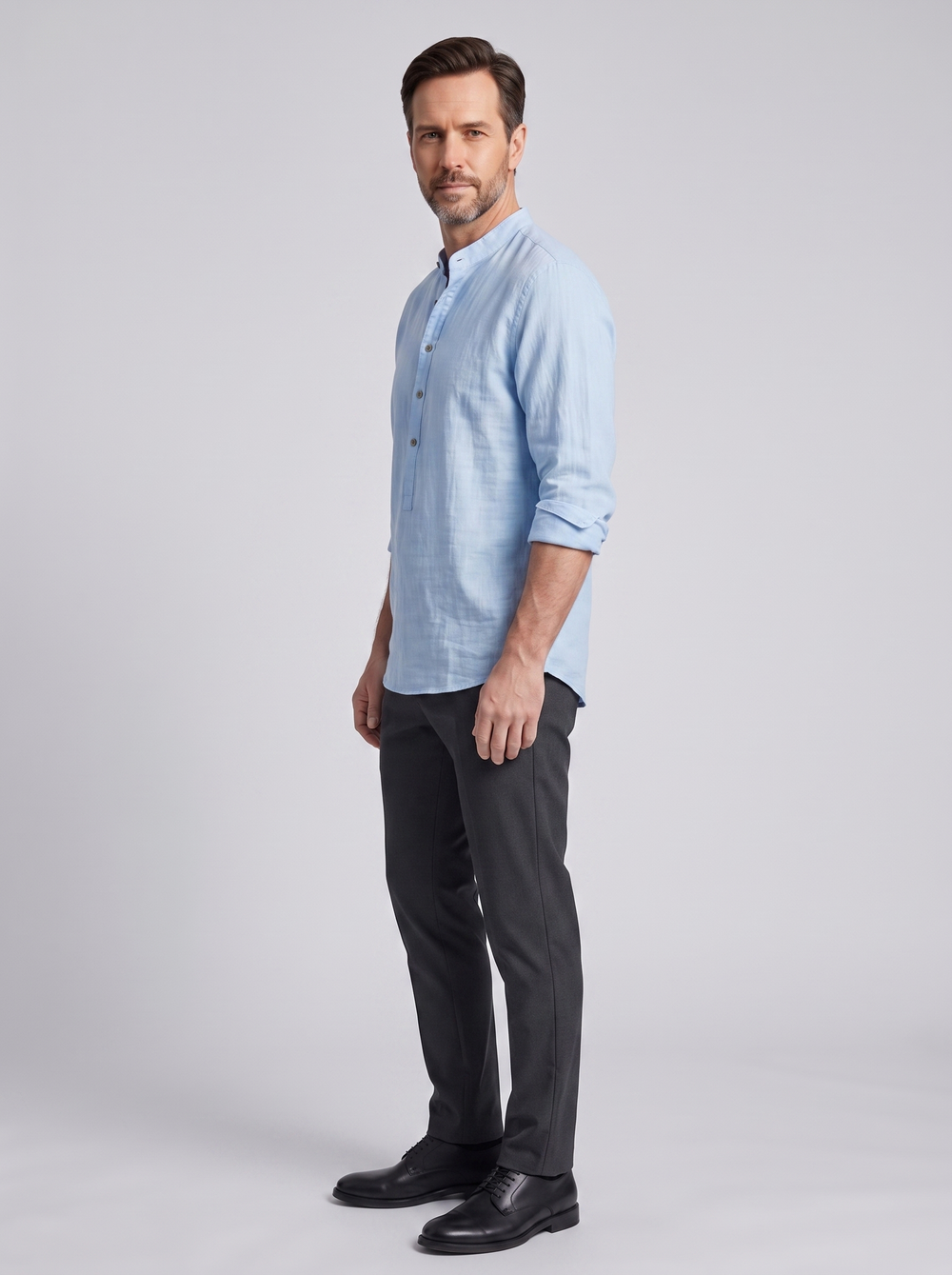 Men's Stylish Autumn Shirt, side three-quarter view, studio photo