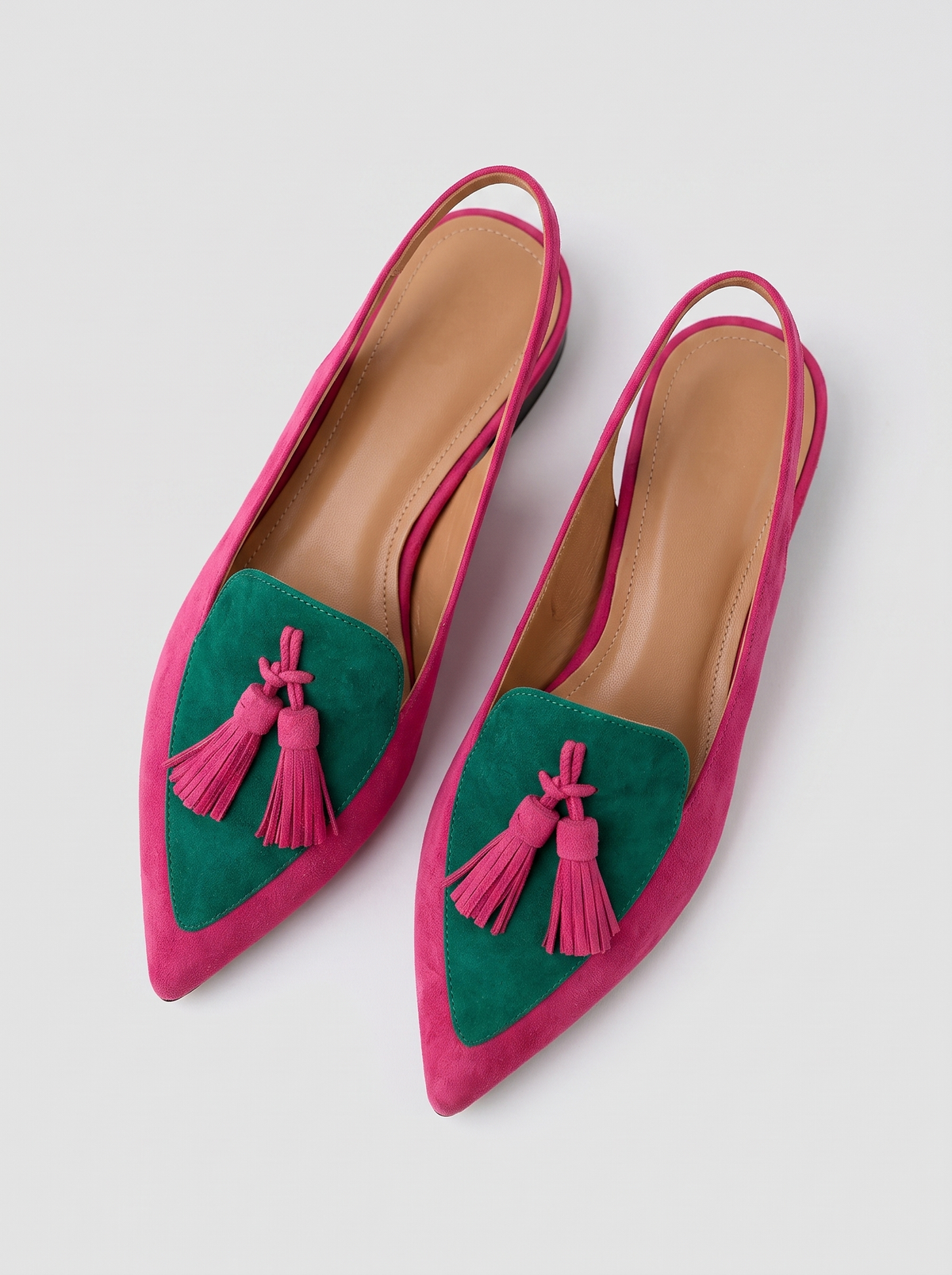 Colette Women's Tassel Backless Flats in pink and green, pair seen from above