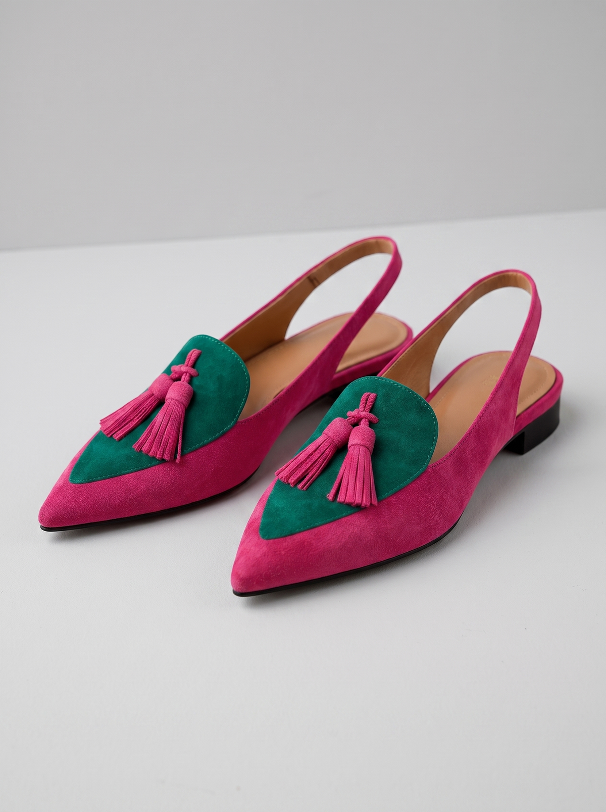 Colette Women's Tassel Backless Flats in pink and green, three-quarter front view