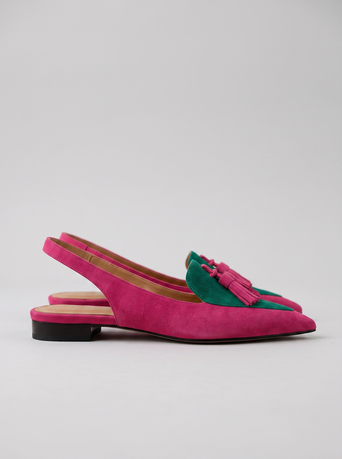 Colette Women's Tassel Backless Flats in pink and green, side profile view