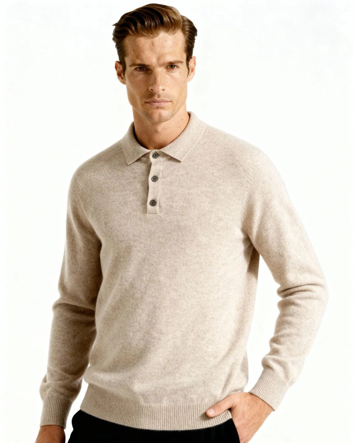 Men's Cashmere Polo and Suede Loafer Ensemble — Oatmeal