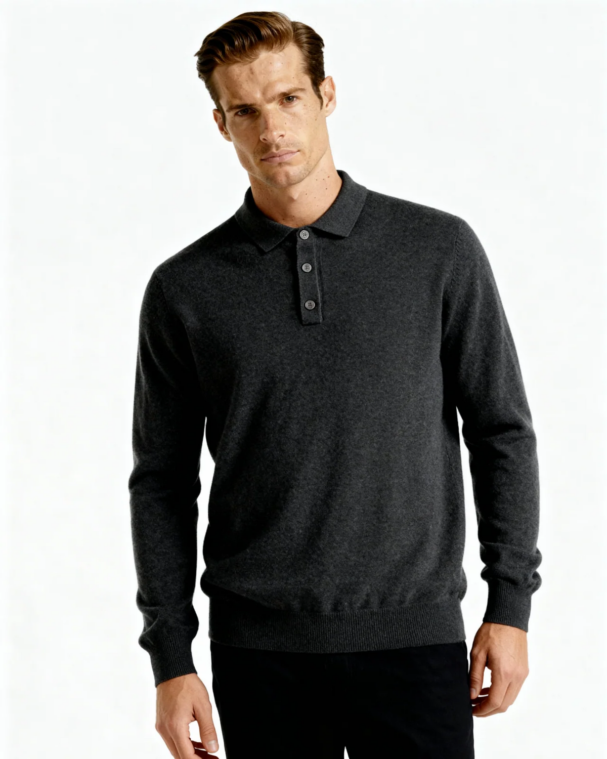 Men's Cashmere Polo and Suede Loafer Ensemble — Charcoal